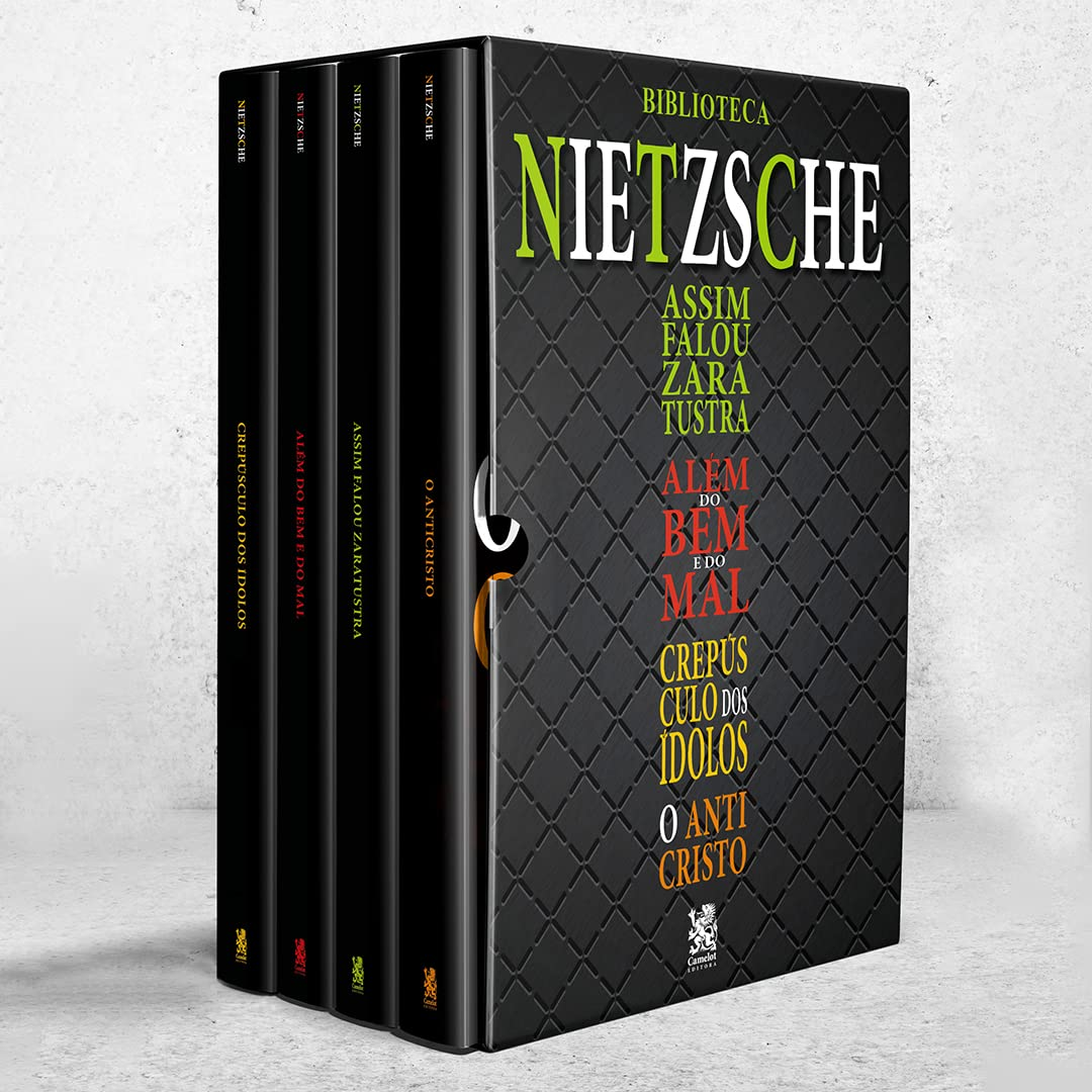 Frente do box Biblioteca Nietzsche com textura de couro